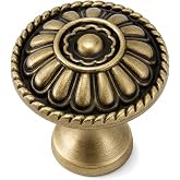 trust4care 4-Pack Antique Brass Kitchen Cabinet Knobs Vintage Drawer Pulls | Euro-Style Sunflower 1.2" Round Farmhouse Weathered Gold Pull Knobs For Dresser, Vanity, Sideboard, Coffee Bar, Bookcase