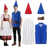 Mepase 5 Pcs Couple Garden Gnome Costume Adult Dwarf Costume with 2 Conical Felt Gnome Hats, Apron, Vest and Belt for Women Men Halloween Cosplay Dress up Party
