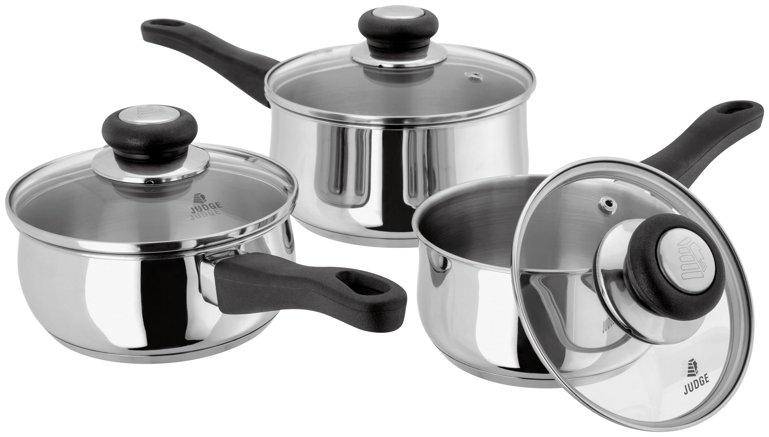 Judge Vista Set of 3 Stainless Steel Pans, 14cm,16cm &18cm Saucepans, Shatterproof Vented Glass Lids, Induction Ready, Oven Safe