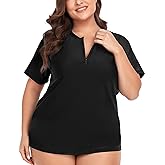 COOTRY Womens Plus Size Rash Guard Short Sleeve Swim Shirt UPF 50+ Sun Protection Zip Swimsuit Tops