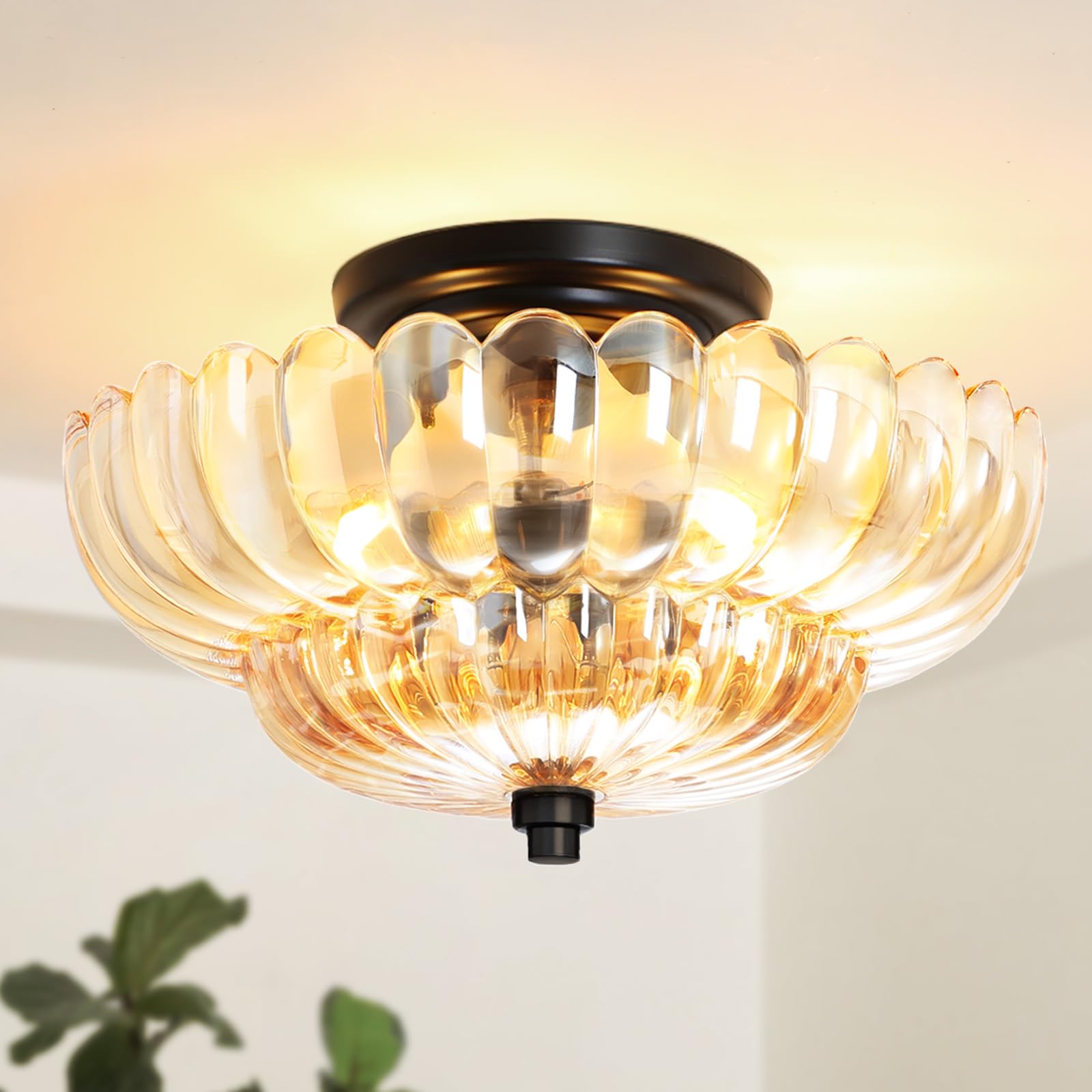 Photo 1 of GloMuse Ceiling Lights Semi Flush Mount Ceiling Light Brown Glass Chandeliers Black Base Modern Lighting Light Fixture Suitable for Living Room Kitchen Bedroom Hallway (Bulb Not Included)
