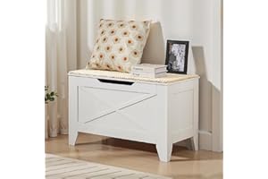 VECELO 30" Storage Chest with Lift Top Storage, Farmhouse Style Ottoman with Handwoven Wicker Cushion, Safety Hinges, Ideal for Entryway, Bedroom, Living Room, Ivory White