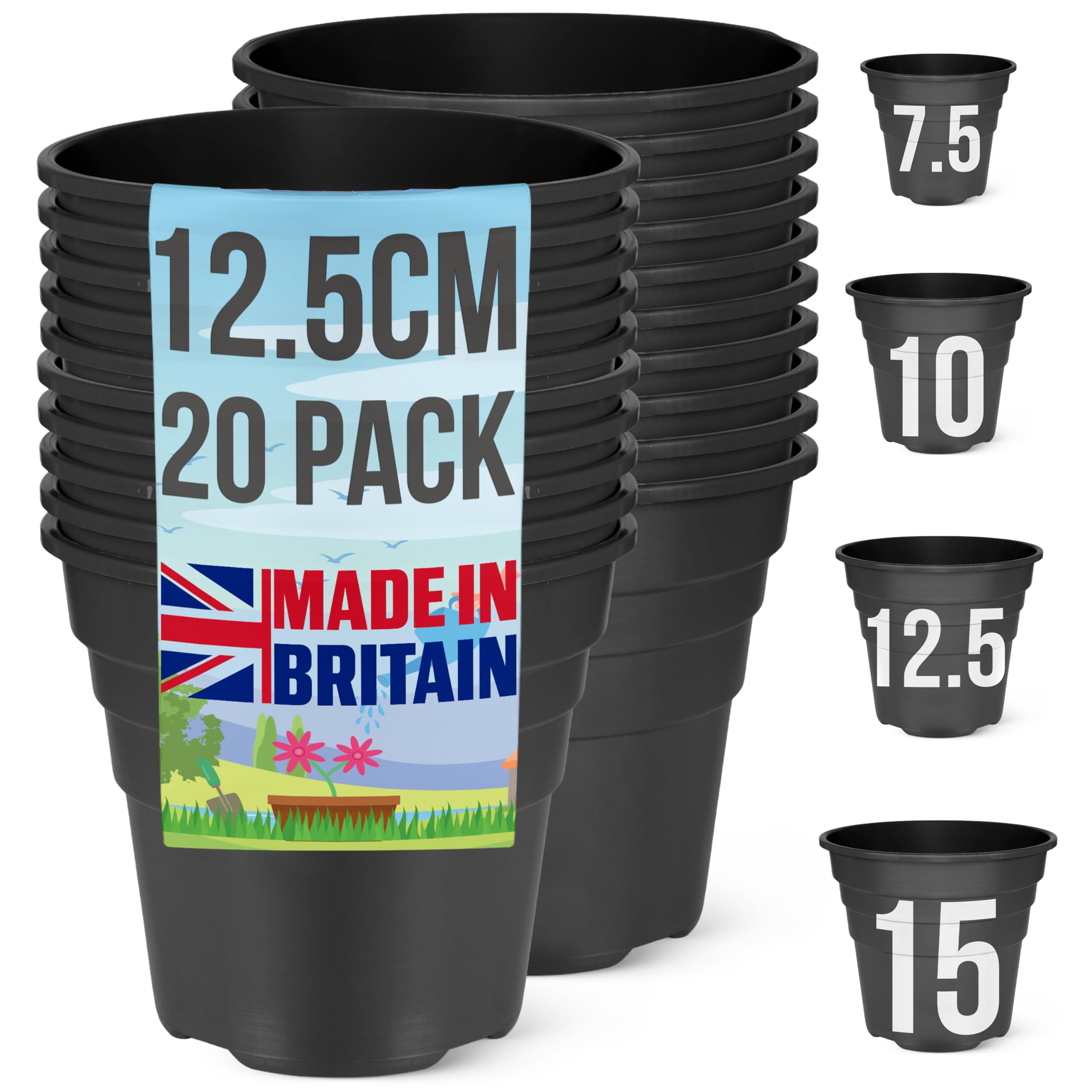 Happy Pots - 12.5cm Gloss Black - Pack of 20 Premium Plastic Plant Pots - Reusable Flower Pots for Indoor/Outdoor Home Décor Gardening - Round, Heavy Duty, UV Resistant, Recyclable - Made in UK