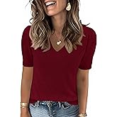 LOMON Womens Sweaters Puff Short Sleeve Lightweight Knit Summer Fall Tops Dressy V-Neck Work Blouses Business Casual Outfits