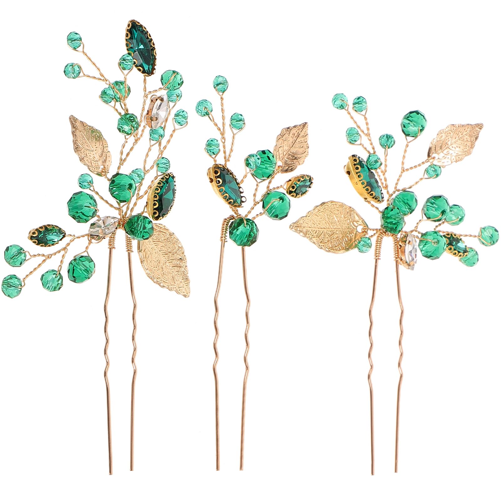 KALLORY 3 Pcs Crystal Bridal Hair Pin Emerald Green Rhinestone Gold Leaf Vine U Shaped Hair Piece Hair Chignon Bride Wedding Bun Hair Stick Accessories for Women Girls