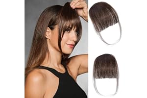 MYMYDA Clip in Bangs 100% Real Human Hair Extensions Clip on Wispy Bangs for Women Fringe with Temples Hairpieces Dark Brown Color