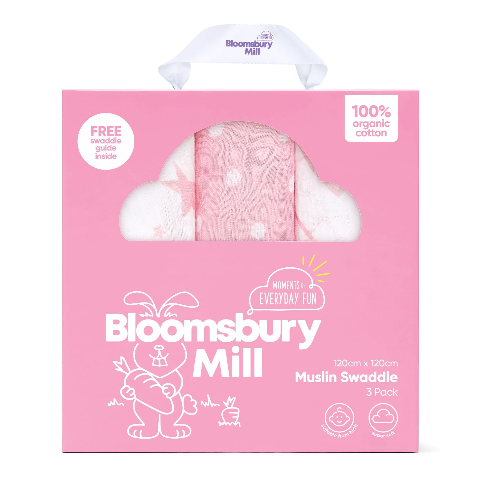 Bloomsbury Mill - Baby Swaddle Blanket - Soft 100% Organic Cotton Swaddles for Newborn - Large Muslin Cloths for Baby Girls - Pack of 3 - Baby Essentials for Newborn - Pink & White - 120x120cm