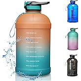 KEVENZ Water Bottle with Time Marker, 1 Gallon Water Bottle with Straw, Leakproof Water Jug, BPA Free, Orange Green