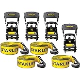 STANLEY S10074 Black/Yellow 1.5" x 16' Ratchet Tie Down Straps - Heavy Cargo Securing (3,300 lbs Break Strength), 4 Pack