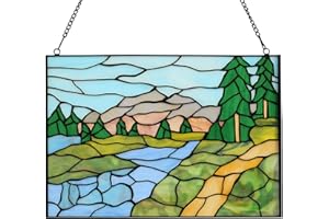 YOURANJU Rectangular Stained Glass Window Hanging Tiffany Style Handmade 16" X 11" Transom Window Panel Housewarming Gift Living Room Bedroom Kitchen Window Decor Hangings with Chain (Landscape)