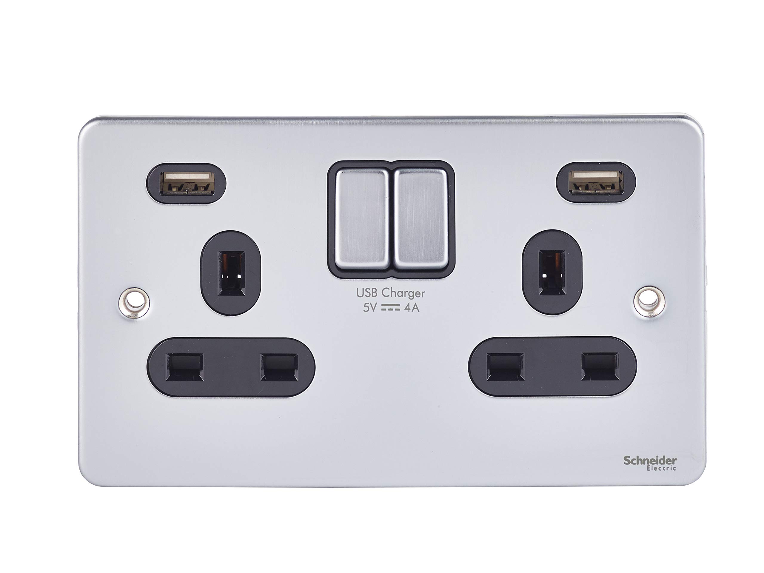 Schneider Electric Ultimate Low Profile - Switched Double Power Socket, 13A With 2 4A USB Charging Ports, GGBGU3524DBBC, Brushed Chrome With Black Insert