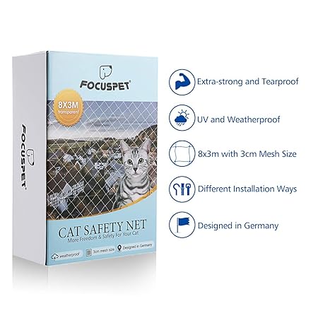 Focuspet Katzennetz, 8x3 M Katzennetz Transparent Katzengitter Balkon Katzenschutznetz Schutznetz Balkonnetz Katzennetz für B