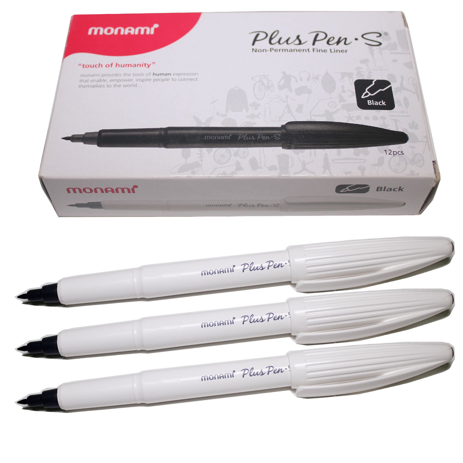 Monami Plus Felt Tip Fine Liner Pen - White Body - Black - Pack of 12