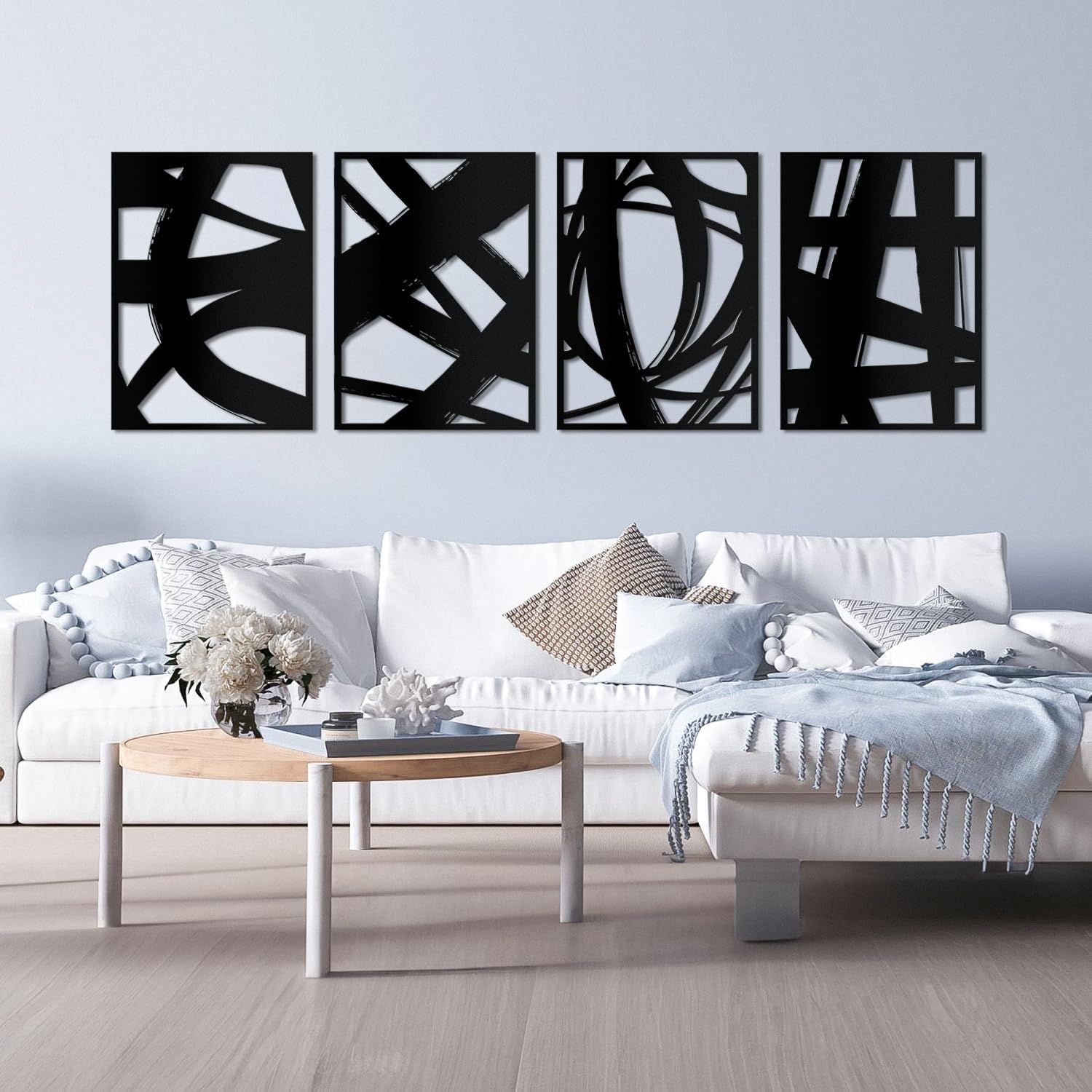WINUSD 23in Black Large Abstract Metal Wall Art, 4Pcs Minimalist Modern Single Line Art Wall Decor, 3D Textured Hollow Out Design Wall Sculptures, Metal Artwork for Wall Art for Living Room Kitchen