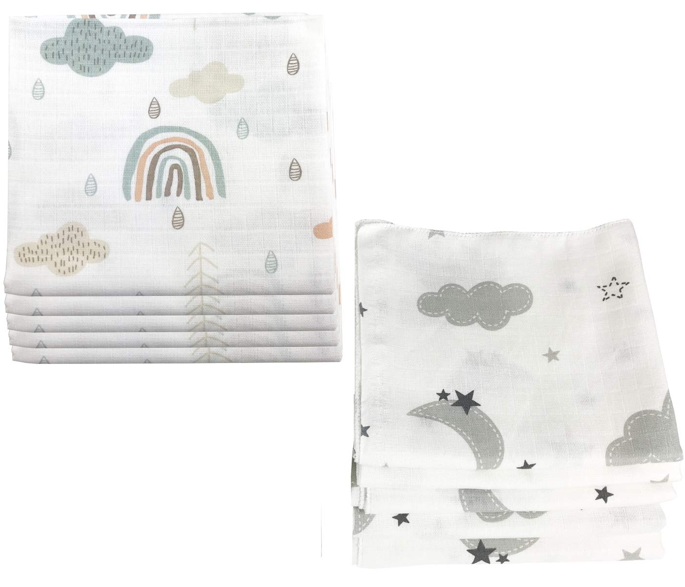MMC 10x burp cloths muslin diapers baby cotton 80x70 cm | ÖKO-TEX (clouds (5 grey, 5 green))