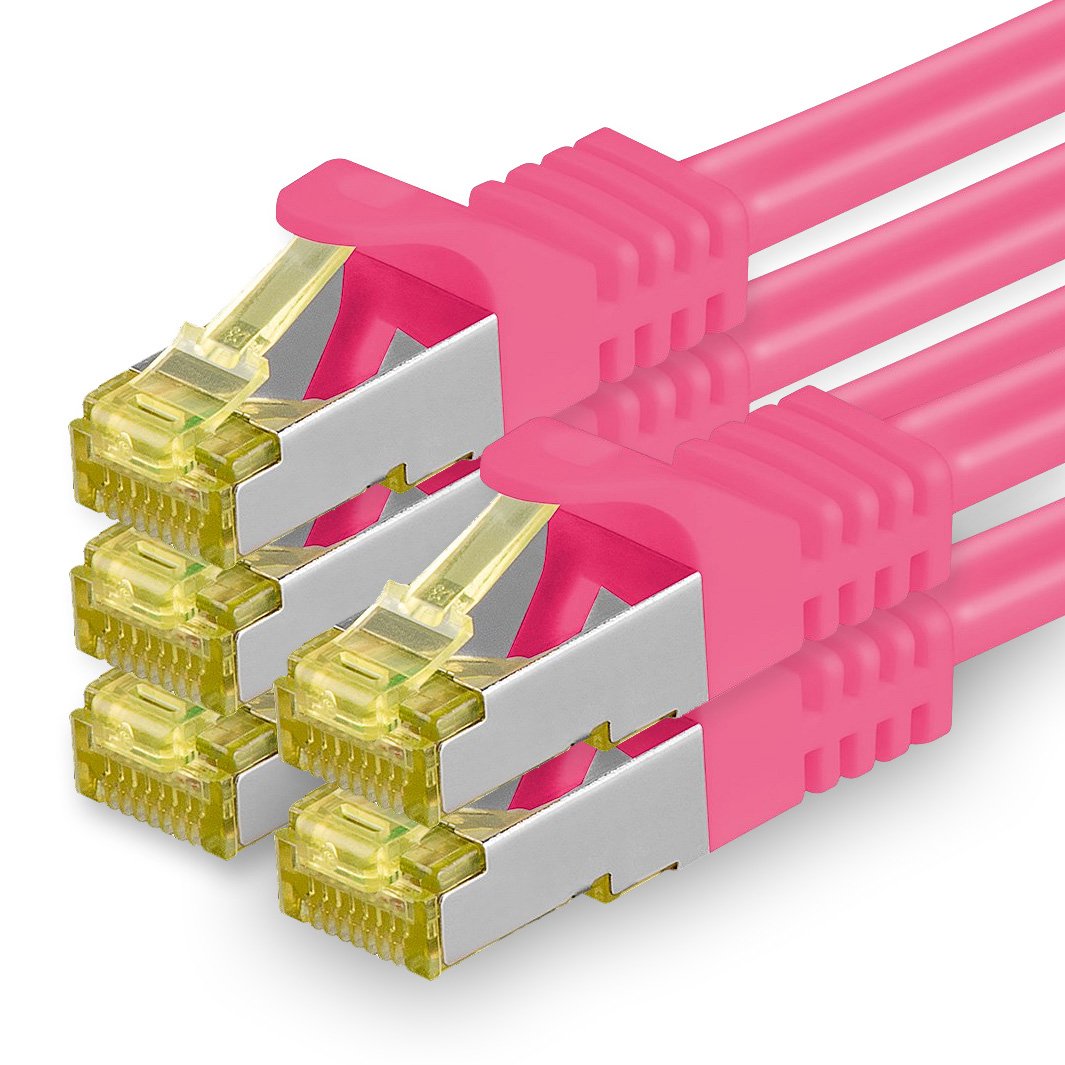 Cat.7 Patch Cable Set, S/FTP (PiMF) Ethernet LAN Network Cables, 10 Gigabits/10000 Mbps – High Speed – 600 MHz with Locking Protection, Halogen-Free (LSZH) Magenta - 5 pièces 2m
