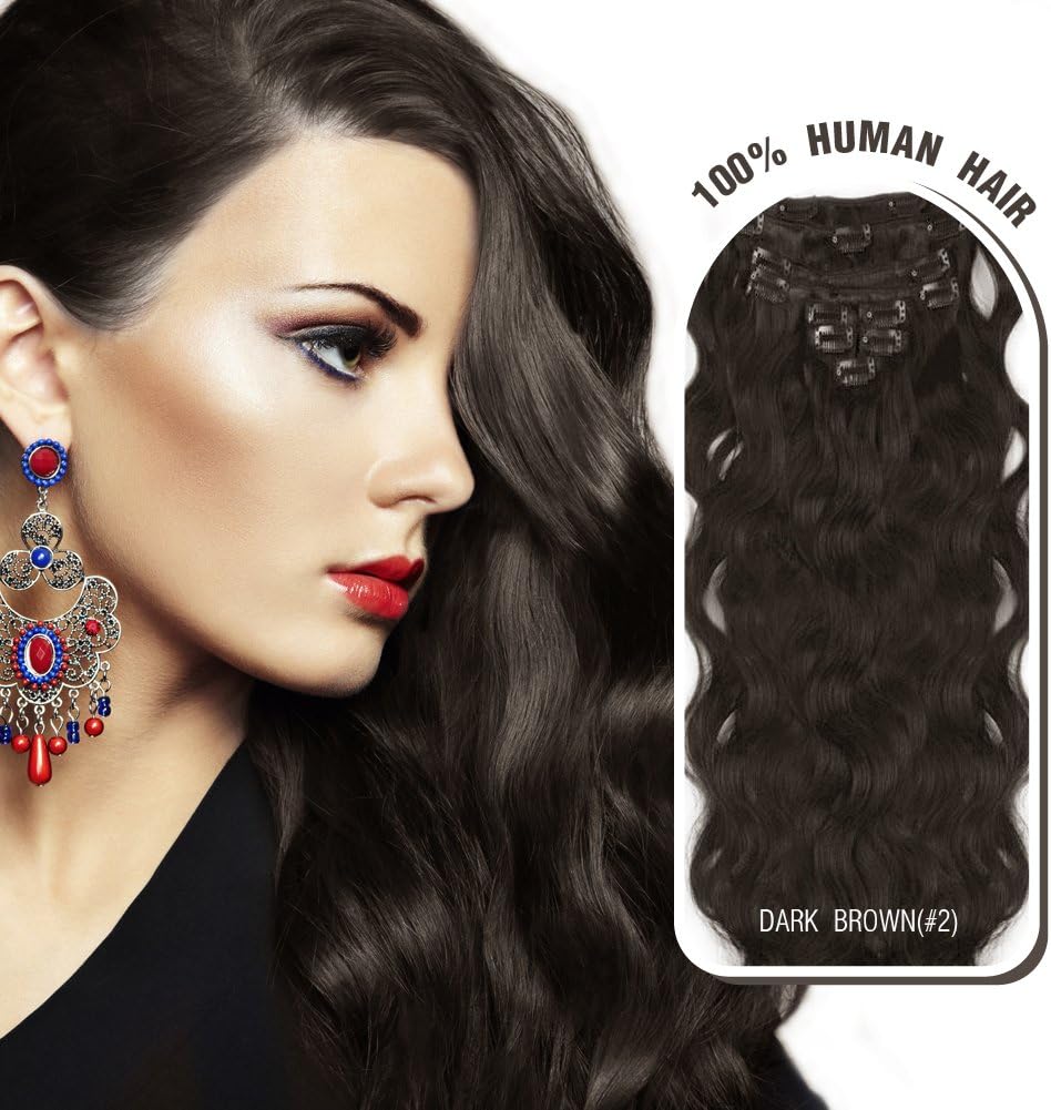 Melodylocks 18 Inch Clip In/on Remy Human Hair Extensions 7 Pieces(pcs), 70g, Wavy #2 Dark Brown