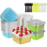 50 PCS Mini Square Baking Cups with Lids&Spoons,Aluminum Foil Mini Cake Pans with Lids,Disposable Ramekins Cake Pans,Dessert Cups Cupcake Pans for Wedding Birthday Party.