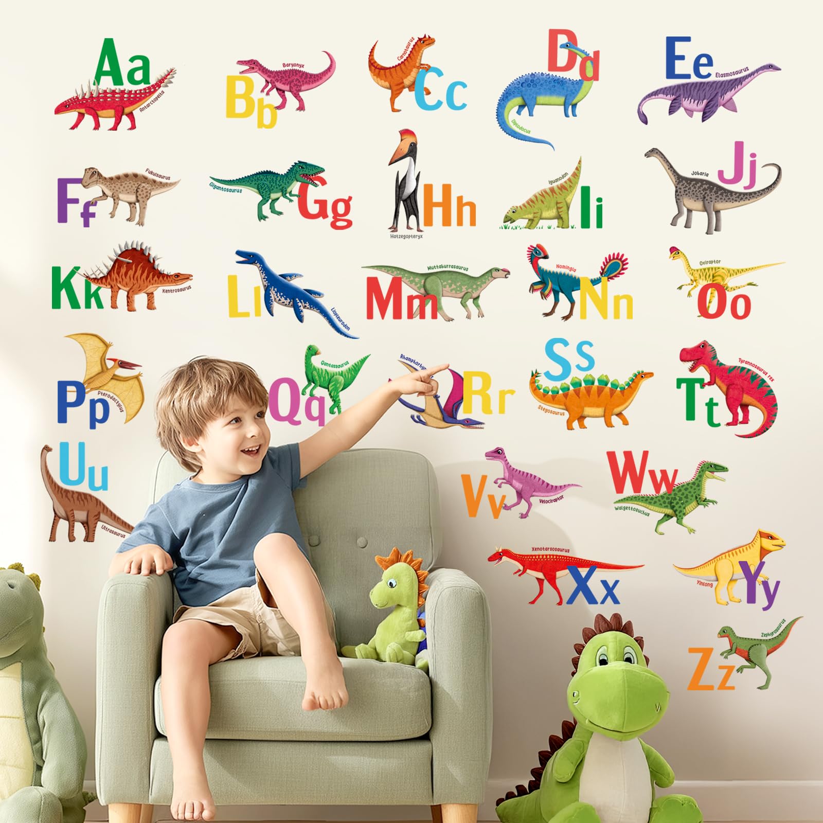 DECOWALL Dinosaur Alphabet Wall Stickers – Colourful ABC Learning Wall Decals for Kids’ Bedroom, Nursery & Playroom, Removable Educational Letters for Classroom (DS9-8080)