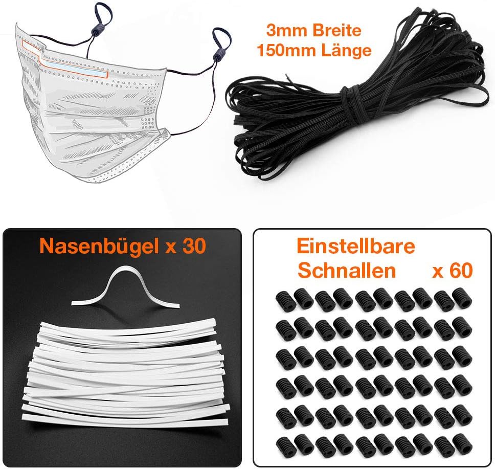 [9-12 Days Delivery] 15-Yards Length 1/8" Width Braided Elastic Cord/Flat Elastic Band Rope Bungee + 60 PCS Adjustable Buckles + 30 PCS Nose Wire for Sewing and Crafting (Black)
