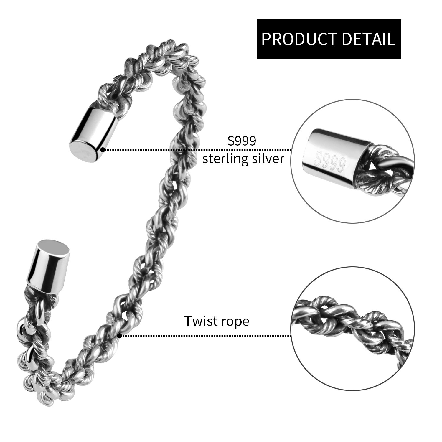 Cuff Bracelet,UHIBROS S999 Sterling Silver Twist Rope Vintage Bangle (Rope)
