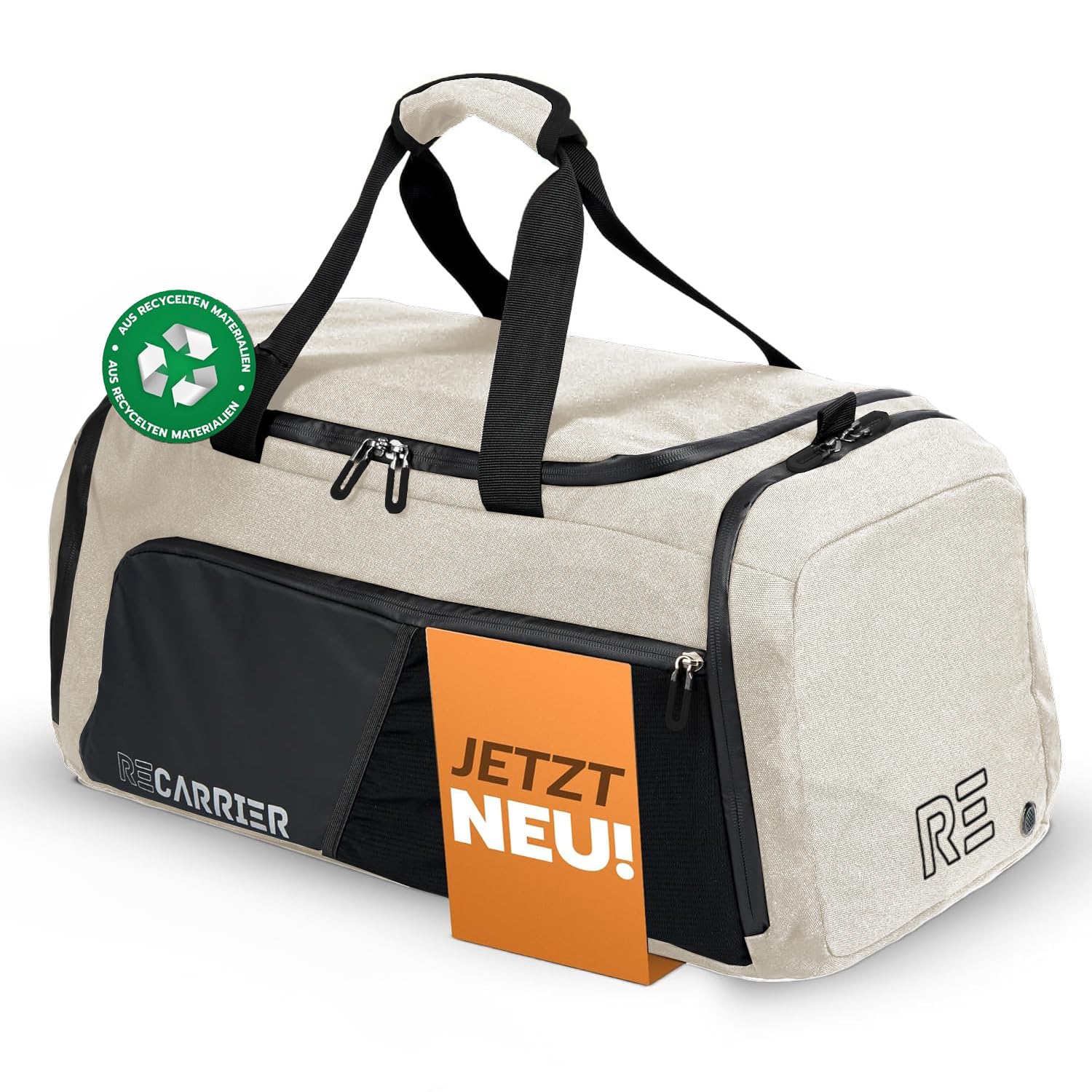 RECARRIER Sporttasche [RECYCELTES PET] 50L –Gym Bag und Rucksack in Einem –wasserdichte Trainingstasche Herren Damen –Sportrucksack wasserdicht mit Schuhfach Fitness, Reisetasche groß (Savanna beige)