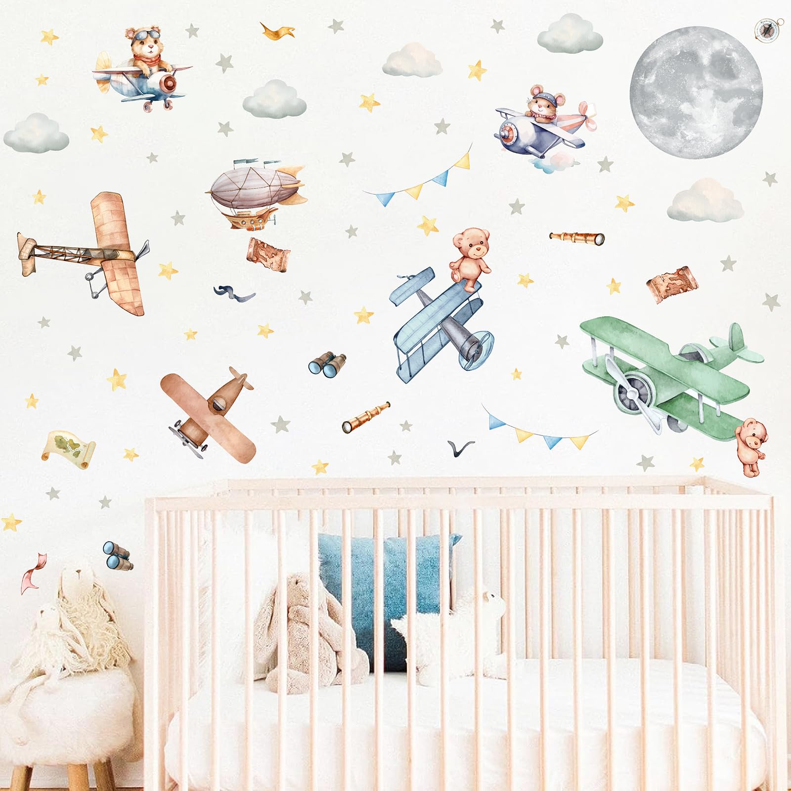 Vintage Airplane Wall Decals Cartoon Aircraft Balloon Animal Wall Stickers Watercolor Moon Star Cloud Wall Stickers Fabric Cute Plane Wall Decals for Boys Room Kids Bedroom Nursery Decor — image 1