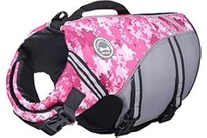VIVAGLORY Sports Style Dog Life Jacket with Adjustable & Durable, Extra Flotation Swim Life Vest with Secure Fastening System for Small Dogs, Camo Pink