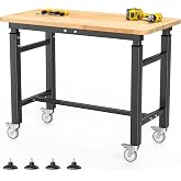 EVERHANGER Workbench with Wheels, Adjustable Height Work Table, 42&ldquo; x 20&rdquo; | Heavy Duty Workbench for Garage, Rubber Wood Top Workstation for Workshop