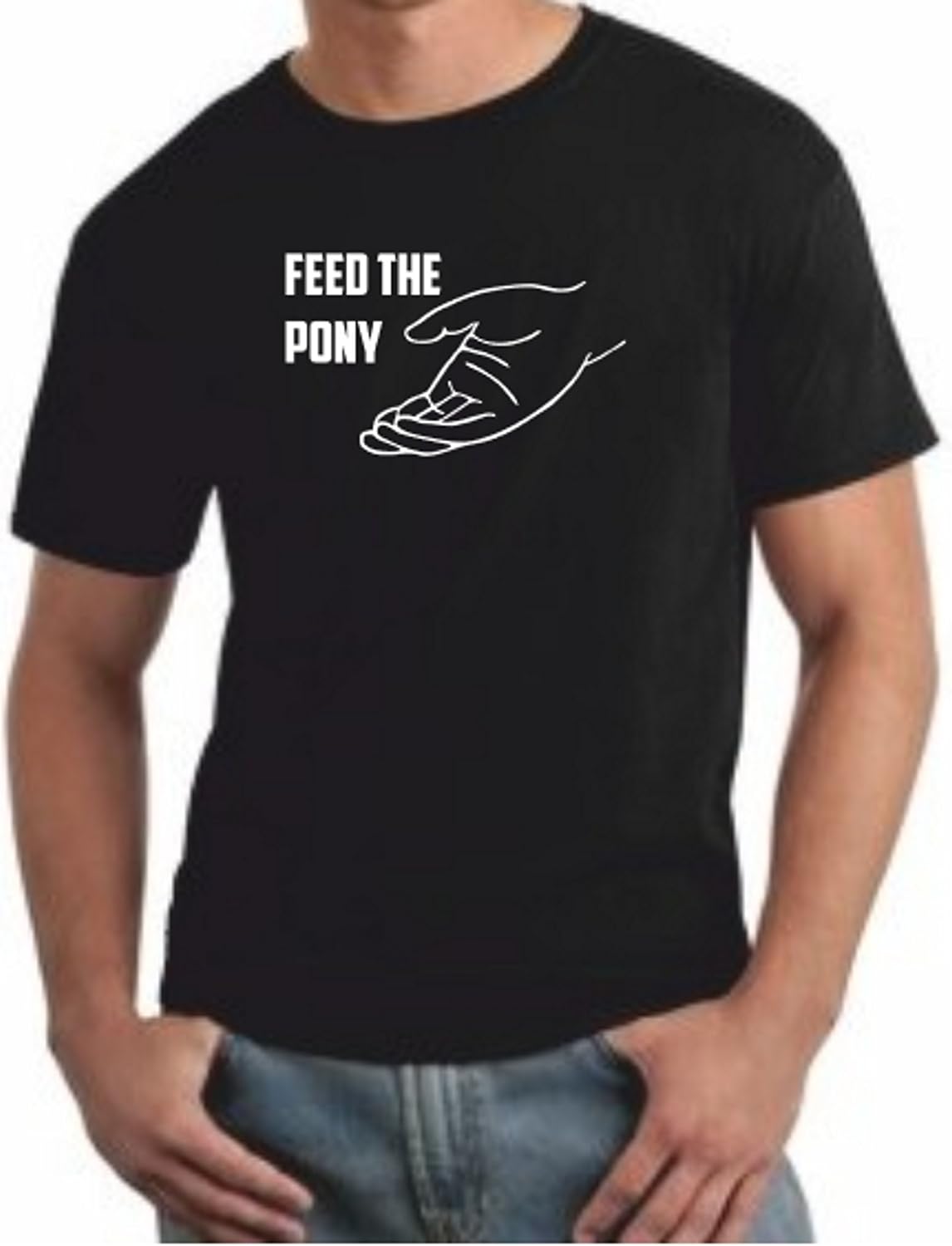 MITEES Funny Feed The Pony Tshirt Mens Black Amazon.co.uk Clothing
