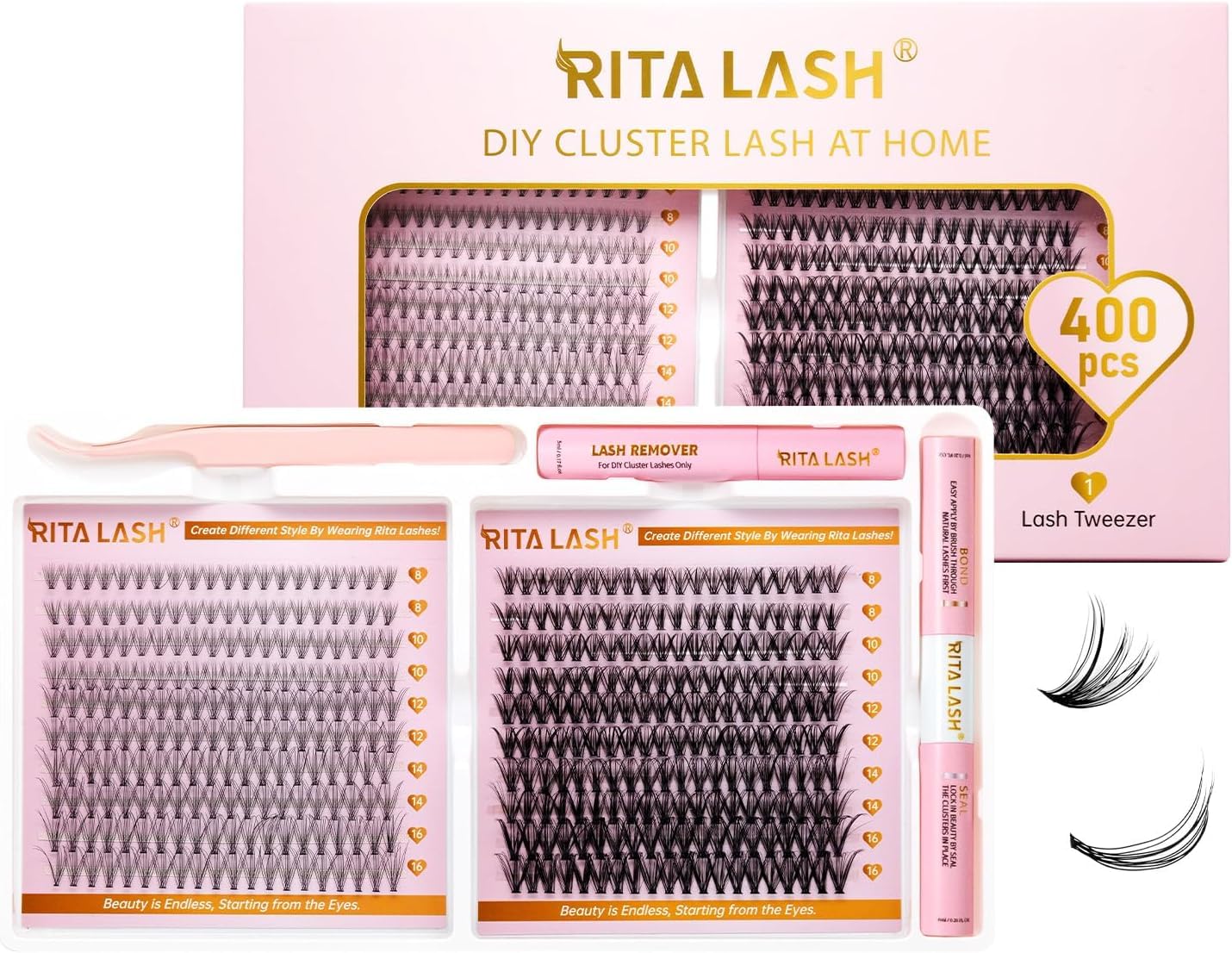 RITALASH Lash Extension Kit 400Pcs,DIY Individual Lashes Clusters Kit,Lash Bond And Seal,Lash Remover For Eyelashes Extensions (10D+30D Cluster Kit) — image 1