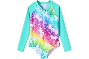 Girls Long Sleeve Swimsuit Zipper Rash Guard One Piece Bathing Suits UPF 50+ Sun Protection Swimwear 2-10 Years