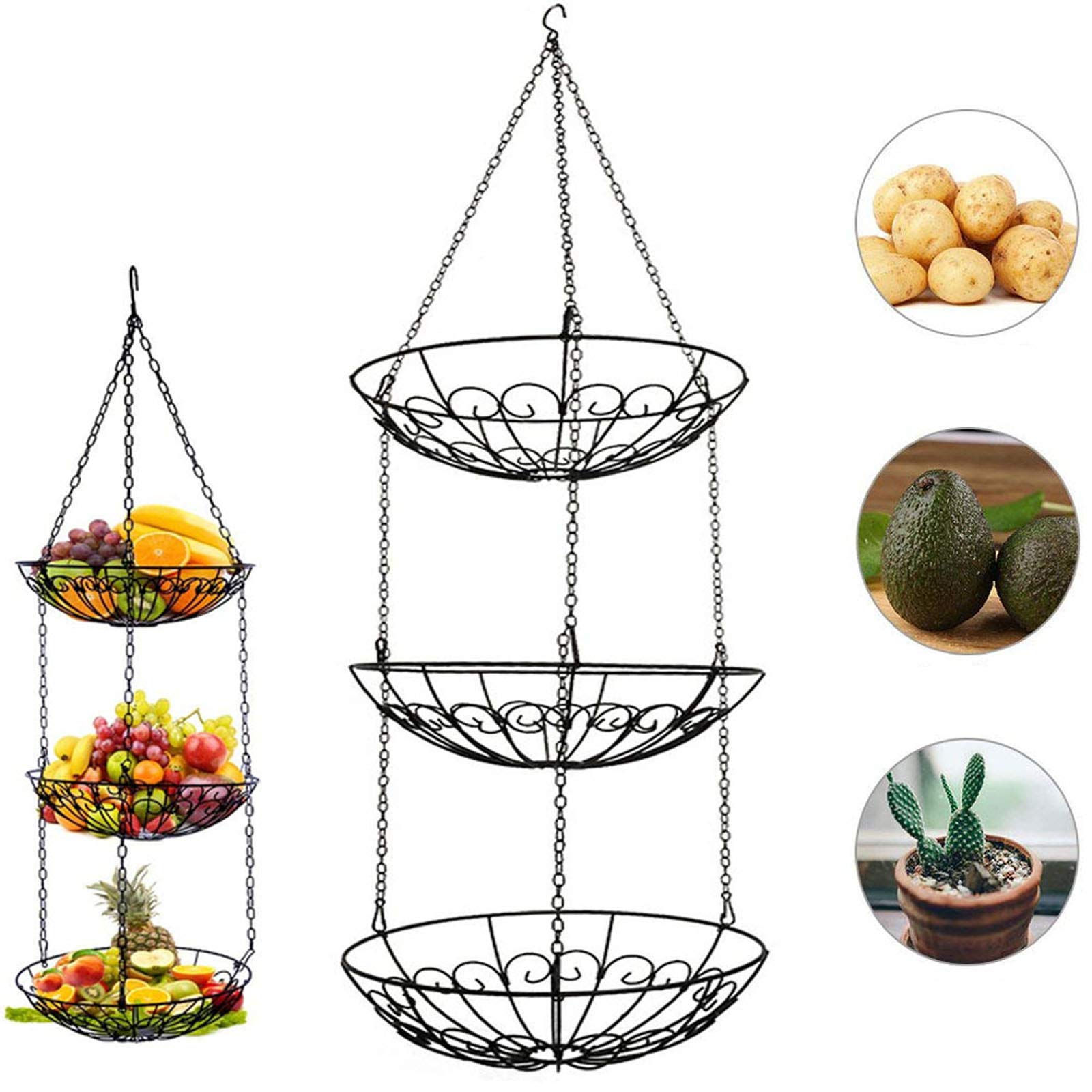 3 Tier Fruit Basket, Vegetable Kitchen Storage Basket Chain Hanging Space Saving Rustic Country Style (Black)