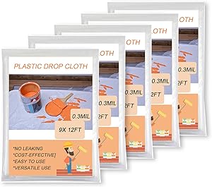 Oiyeefo Clear Plastic Sheeting Drop Cloths for Painting, 5 Pack 9x12ft Plastic Tarp Waterproof Dustproof Tear Resistance Multi-Purpose Furniture Cover Floor Wall Protection Film