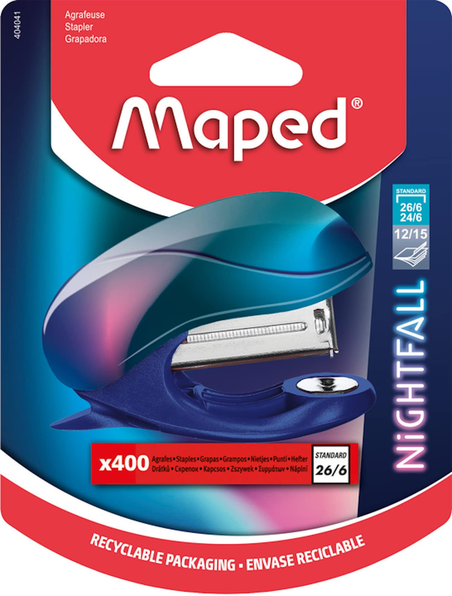 Maped - Nightfall Stapler - Up to 15 Sheets - Staples 24/6 and 26/6 - Metal Mechanism - Blister Pack with 400 Staples, 404041, Multicolored