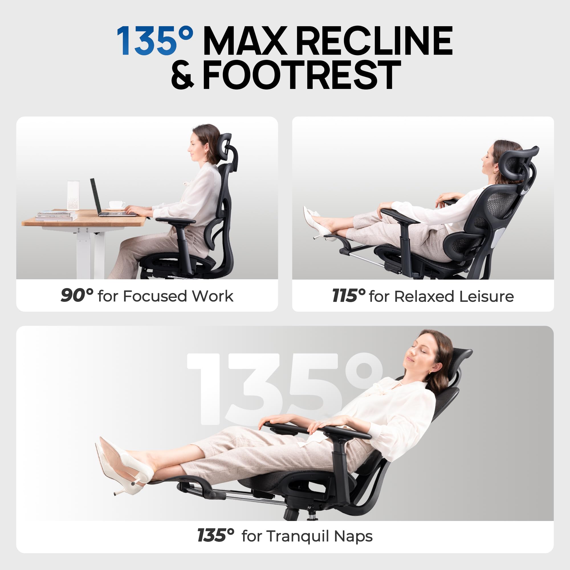 Huuger Mesh Office Chair with Footrest, Ergonomic Desk Chair with Lumbar Support, Comfortable, Multi-tilt Angle Backrest, Headrest and 3D Armrest, Large Steel Base, Black - Image 3