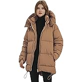 PEHMEA Women Mid-Length Puffer Hooded Jacket Winter Padded Warm Coat Thicken Outerwear Coats