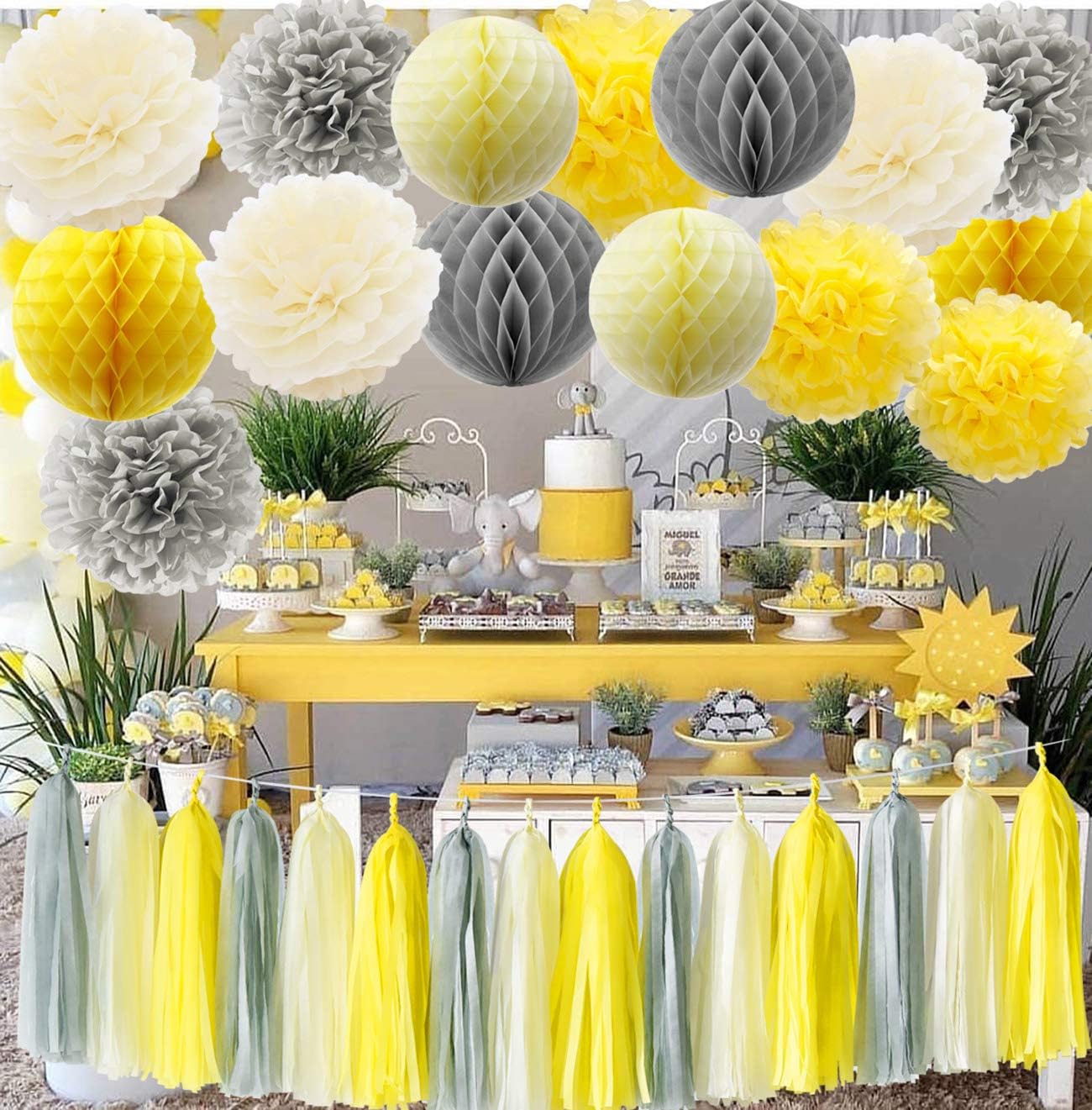 HappyField You are My Sunshine Party Decoration Yellow Grey Elephant Baby Shower Decorations Tissue Paper Pom Pom Honeycomb Balls for Bridal Shower Birthday Decorations