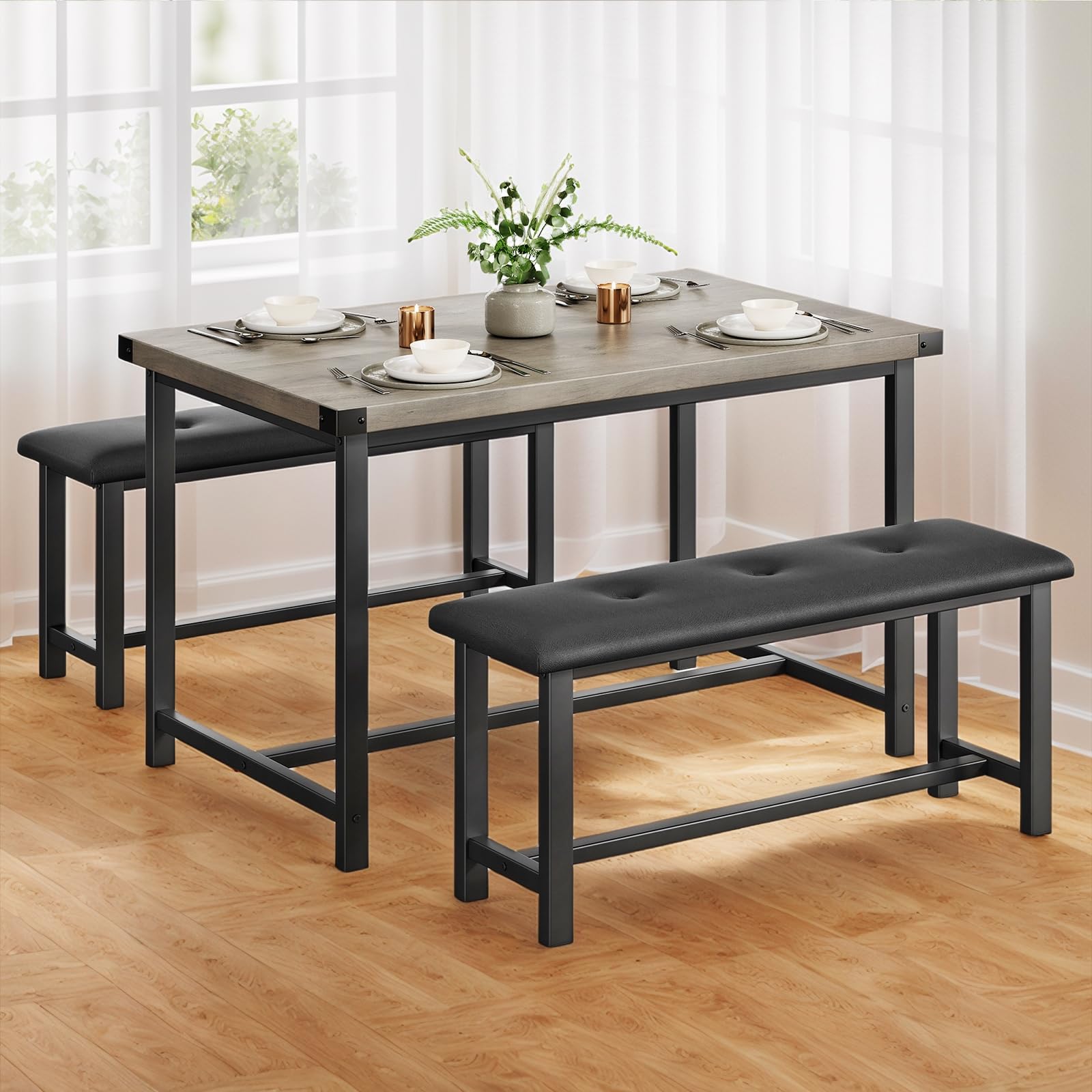 Photo 1 of **MINOR DAMAGE TO TABLE LIP AND CORNER**3 PSC Dining Table Set with 2 Upholstered Benches and 1 Table for 4, 44" Small Space Breakfast Nook Set, Kitchen Table with Tufted Upholstered Seats, Rustic Wood & Metal Frame, Easy Assembly