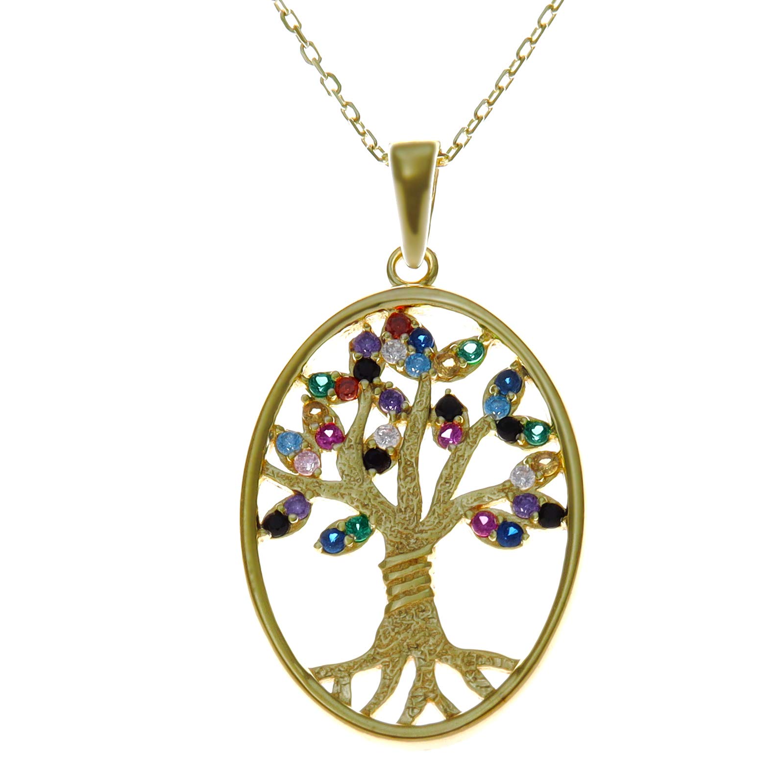 Alexander Castle Gold Plated Sterling Silver and Coloured Stones Tree of Life Yggdrasil Pendant Necklace with adjustable 16" to 18" chain and jewellery gift box