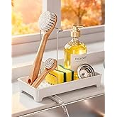 Caumic Minimalist Sink Caddy, Rustproof Sponge Holder for Kitchen Sink with 304 Stainless-Steel Brush Holder, Countertop Rack Organizer with Raised Ridges & Silicone Drain Tube (Cream White)