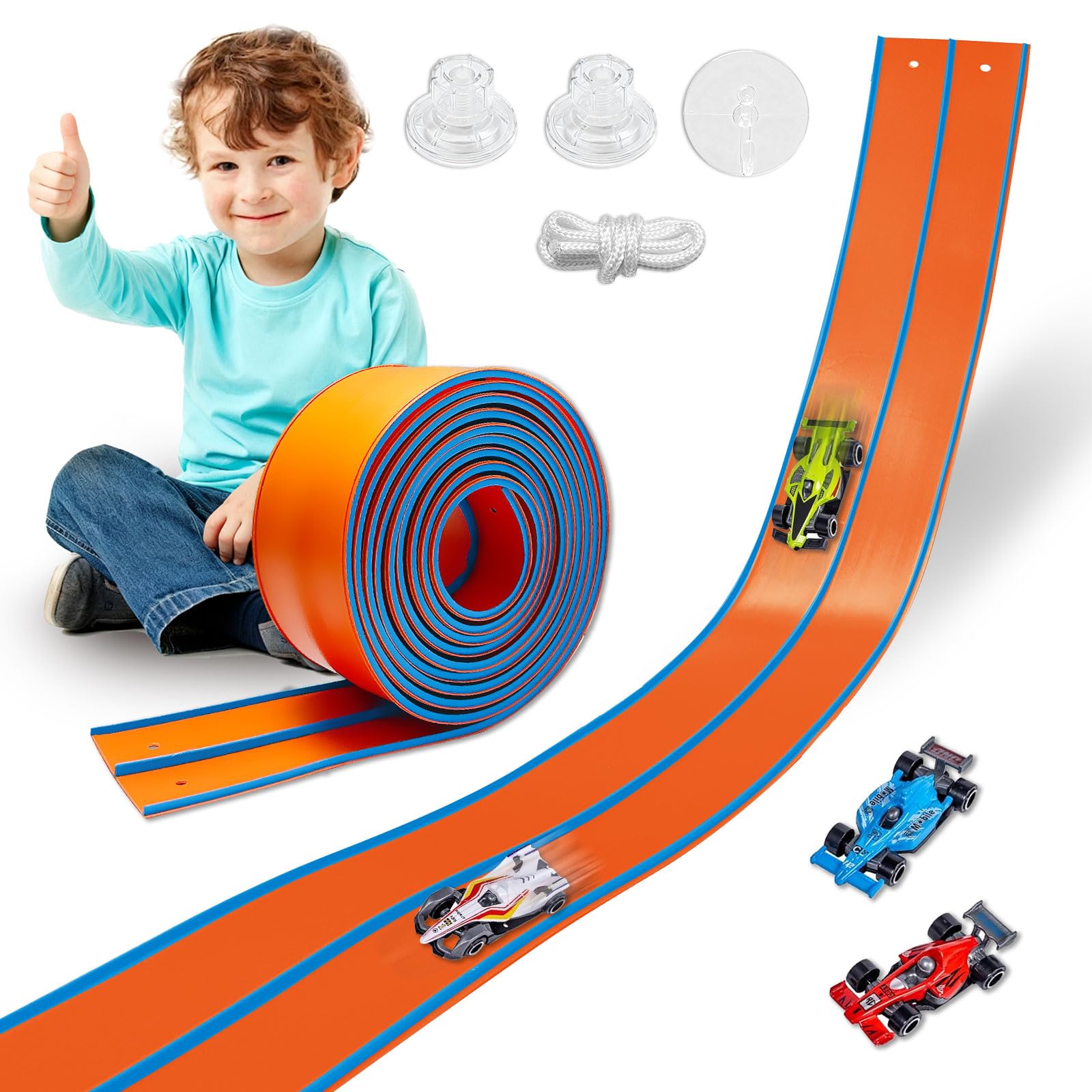 Flexible Race Track Toys for Kids 15 Ft with 4 Cars & Suction Cups, Portable Double Lane Racetrack Compatible with Hot Wheels & 1/64 Diecast Cars, Fun Car Ramp Track Set for Ages 3+(Orange + Blue)