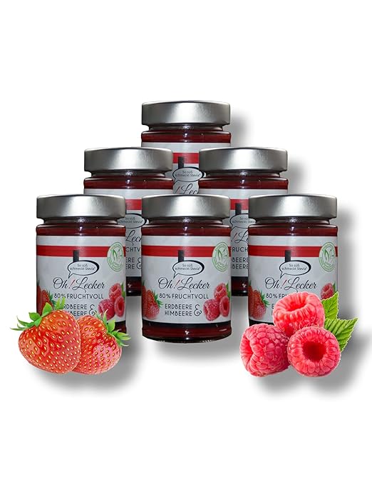 Aktion-Set 6 x 180g low-carb 80% Frucht Erdbeere-Himbeere Stevia Fruchtaufstrich von Oh! Lecker| ohne Zucker-Zusatz| mit zuck