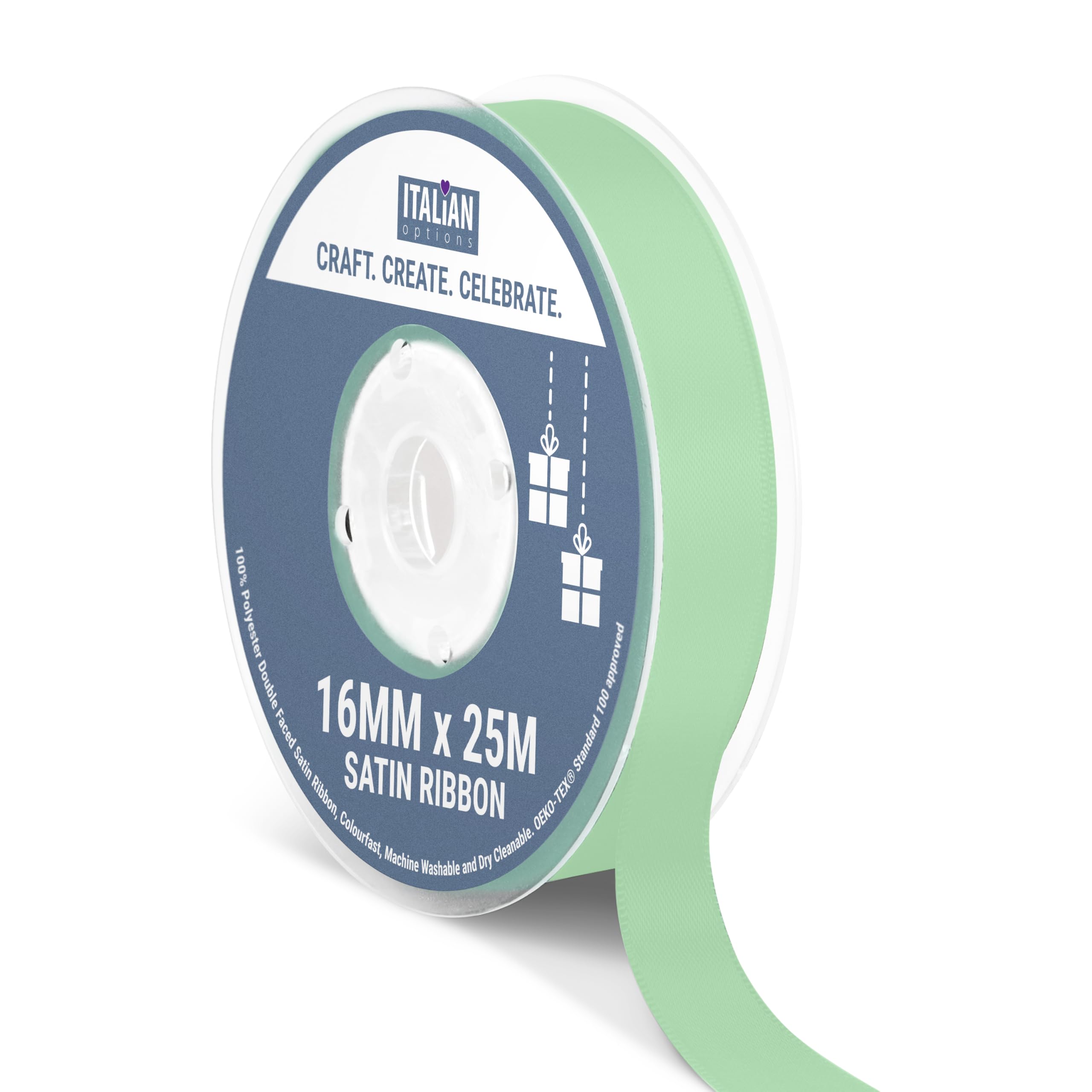 Italian Options Satin Ribbon, Fabric Ribbons for Gift Wrapping, Crafting, Balloons, Wedding Car, Presents, Cake, Christmas, Birthday, Gift Wrap Accessories, 16mm Wide x 25 Metre Roll, Sage Green