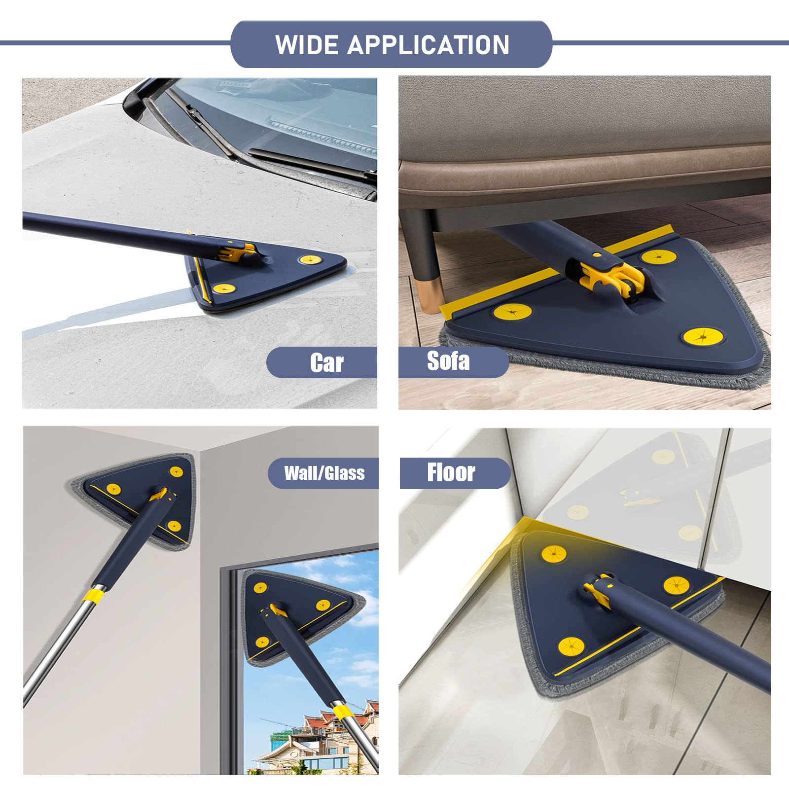 LARFOEK Triangle Mop with Squeegee, 360 Rotatable Adjustable, Blue, Microfiber, Floor/Ceiling/Window/Wall/Car
