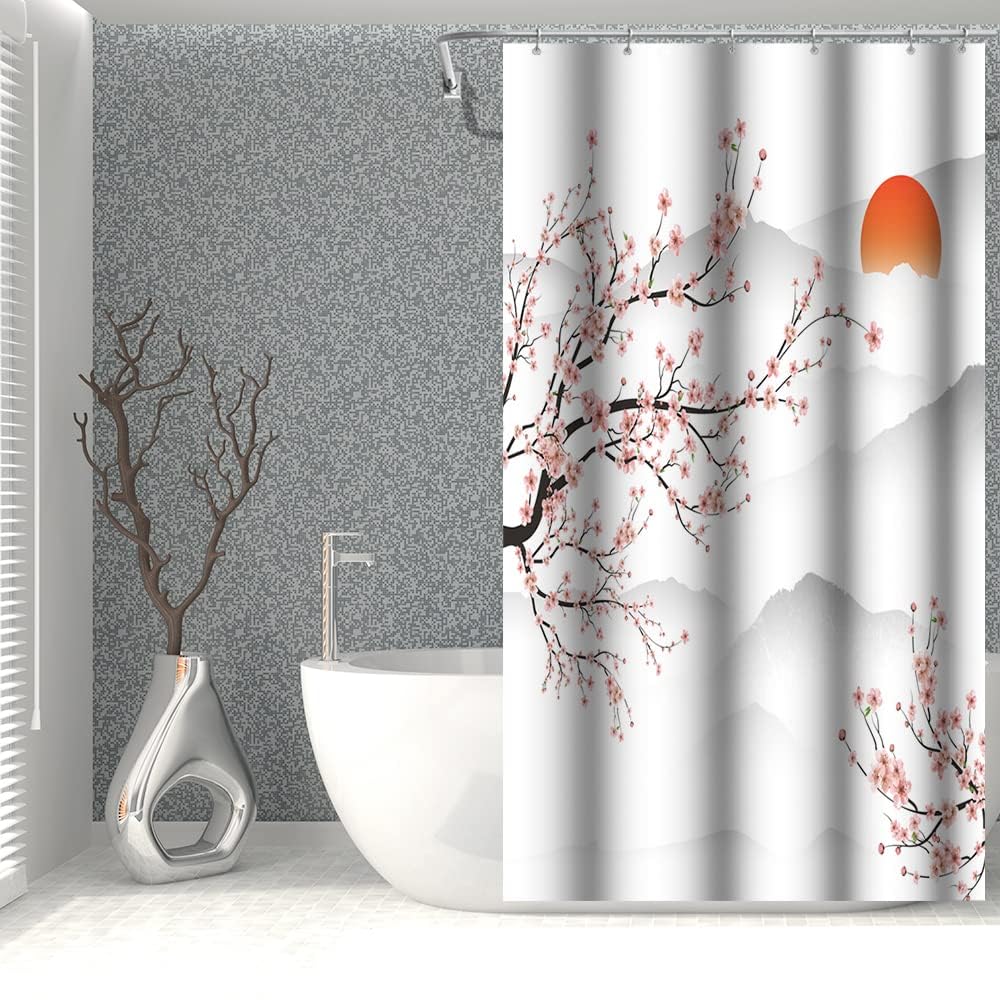 SDOTPMT 90x180cm Asian Cherry Blossom Shower Curtain Japanese Mount Fuji Peach Blossom Branch Bathtub Curtain Sunrise Mist Bathroom curtain for Bathroom Decor Fabric Waterproof with Hooks