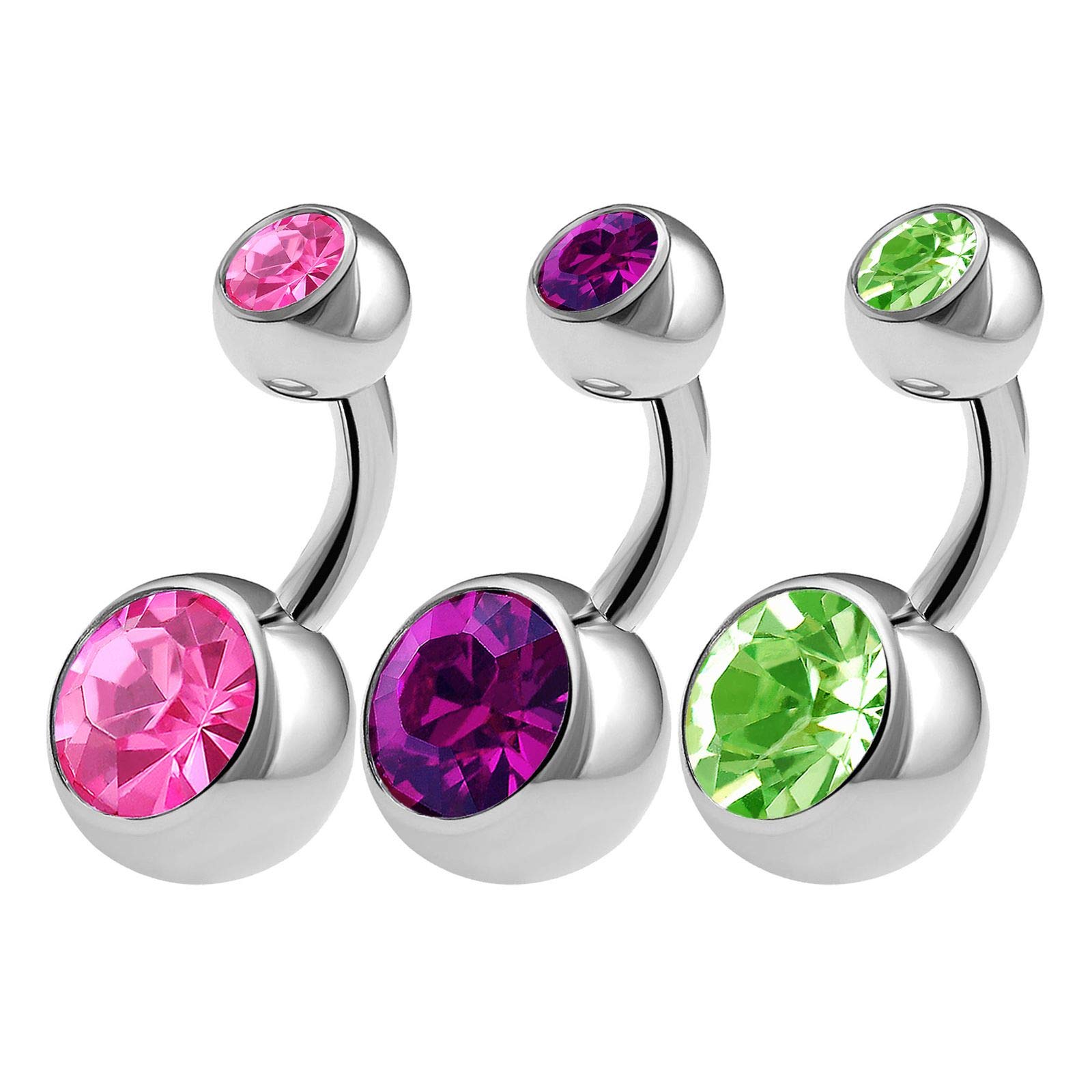 KJM FASHION 3PCS 316L Surgical Steel Short Belly Button Ring Stud 14 Gauge 1/4 6mm Rose Amethyst Peridot Shallow Navel Bar Jewellery 0638