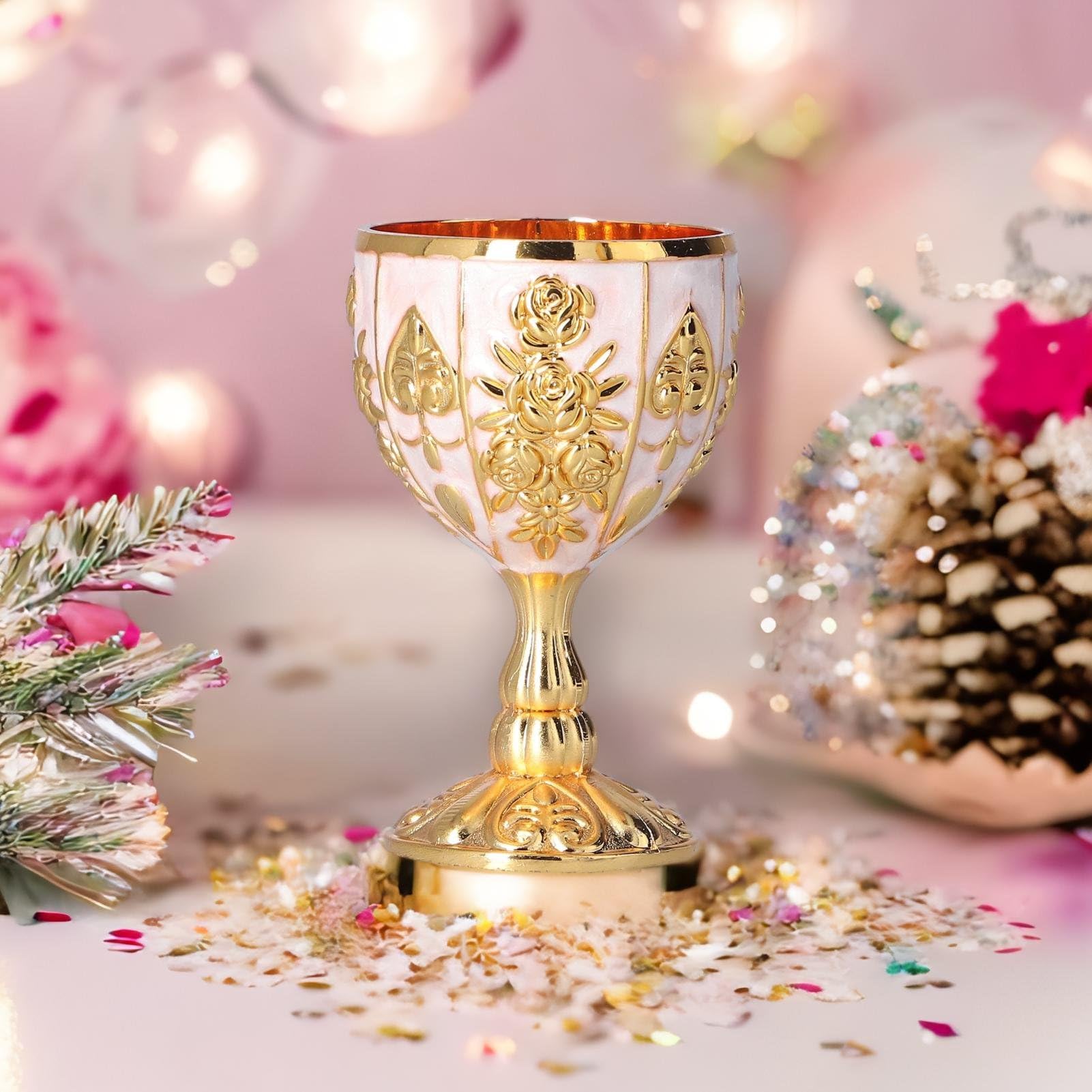 Gold Wine Glasses - Set of 2, 30ml (1.06oz), Embossed Vintage Chalice, Ideal for Home, Bar and Kitchen
