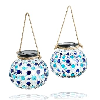 Gadgy Solar Kugel Laterne Set Blau | USB Wiederaufladbar | 2 Stück | Glas LED Tischleuchte für Außen | Garten Balkon Deko mit