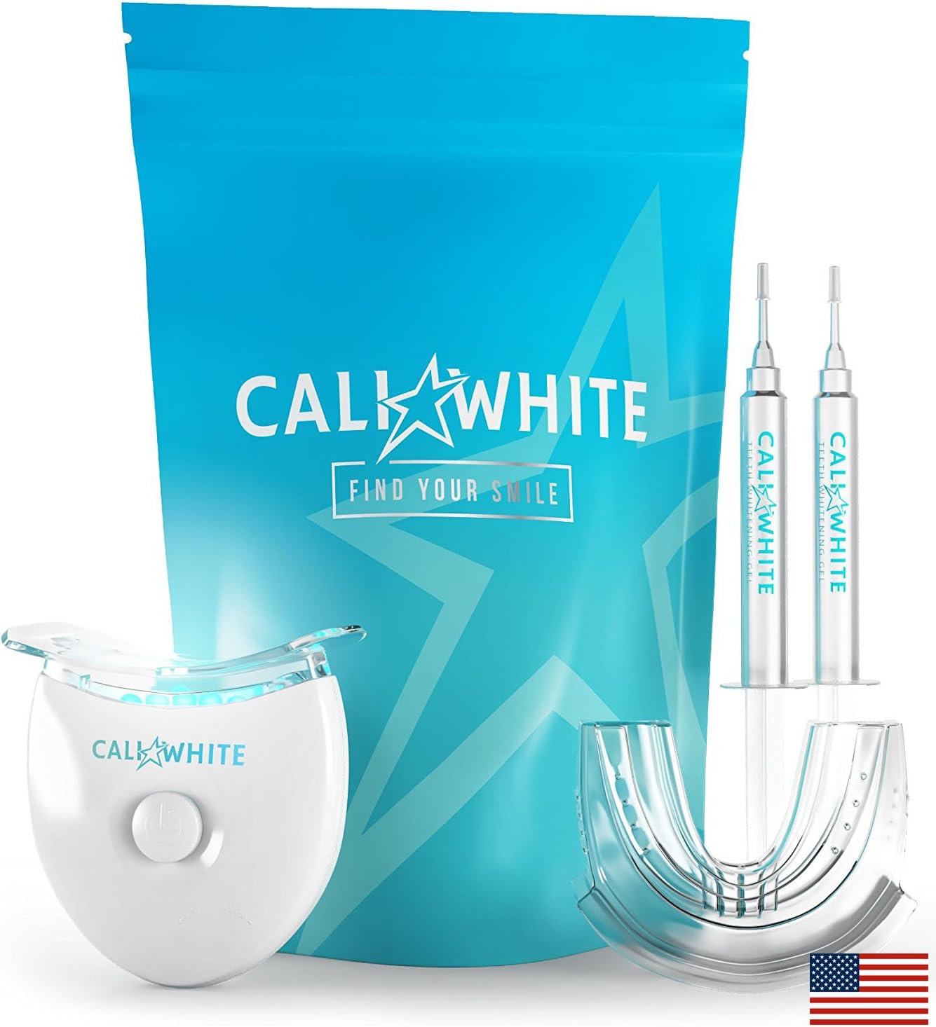 Cali White TEETH WHITENING KIT with LED Light, Made in USA, Vegan Peroxide Gel, Professional Whitener, Home HISMILE System: 2X 3mL Syringes, Comfort Fit Tray, Natural Sensitive Smile Formula - Mint.